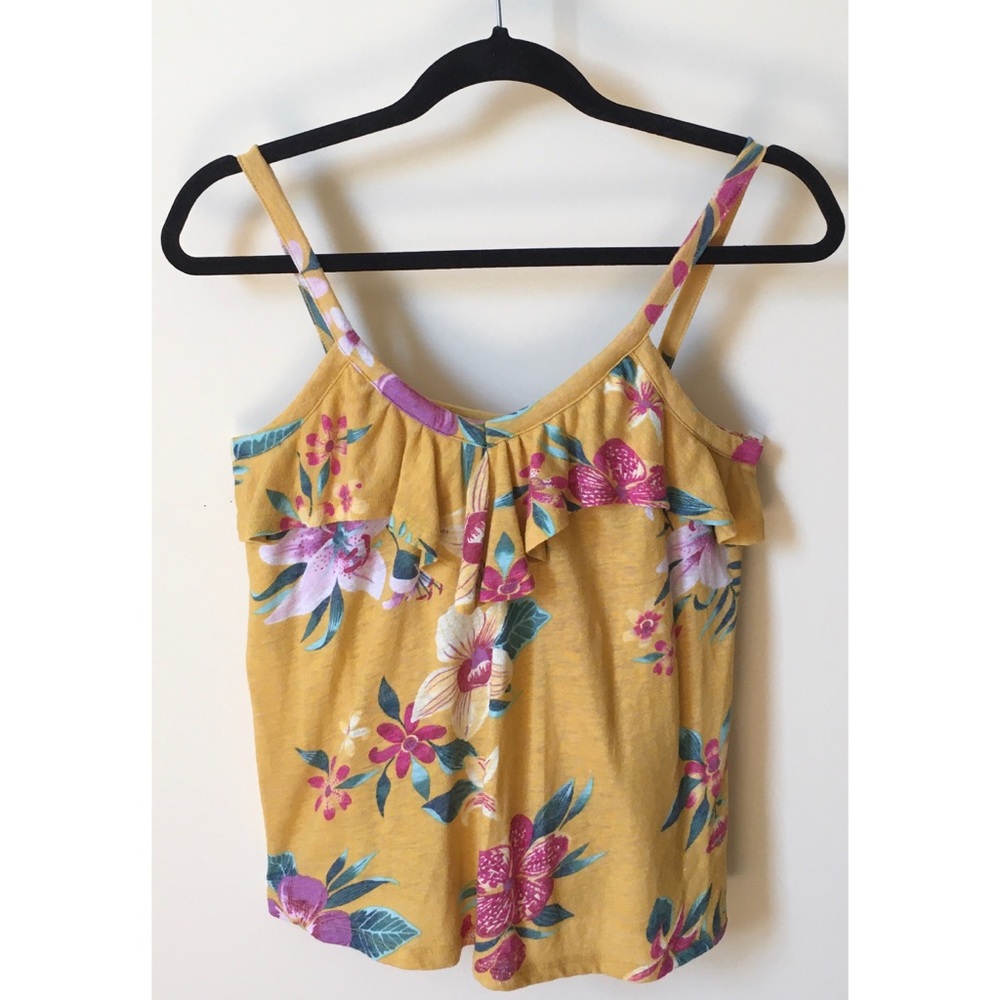 Yellow Floral Ruffle V-neck Tank Top